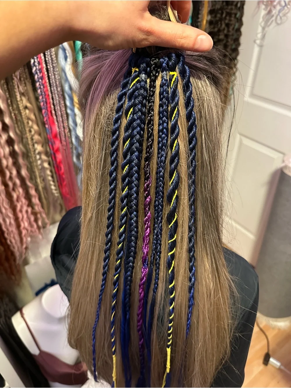 Navy Blue Braided Hair Extensions with Purple & Yellow Accents